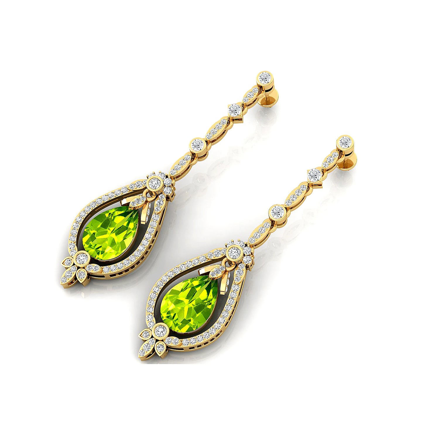 Solid Gold 18Kt Natural Peridot Gemstone Real Diamond Trendy Design Dangle Drop Earrings Cute Wedding Gift Party Rhodium Plated