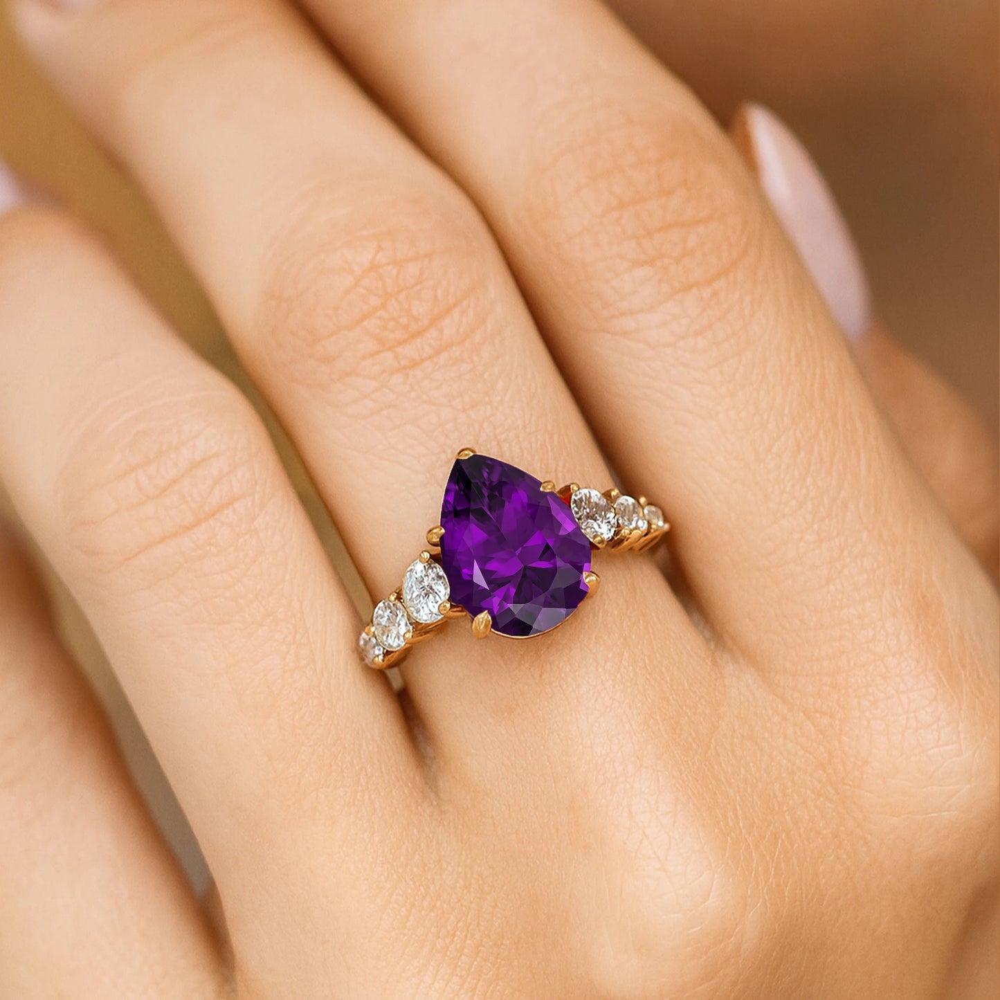 Natural February Birthstone Amethyst Gemstone Diamond Classic Wedding Anniversary Ring 14k 18k Solid Gold Bridal Jewelry Women's