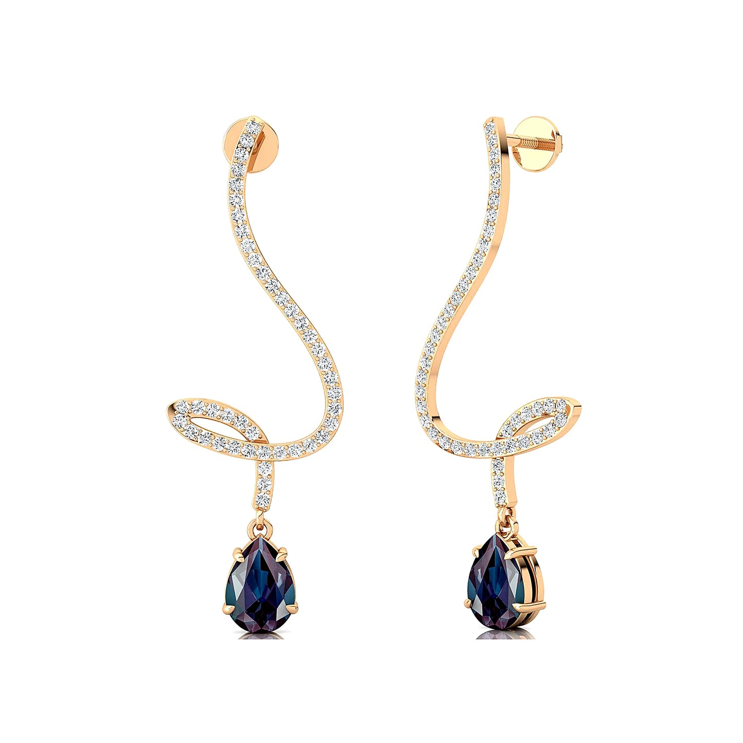 Spiral Diamonds Long Dangling Drop Earrings 18K Solid Gold Pear Cut Lab Grown Alexandrite Gemstone Wedding Earrings Gift For Her