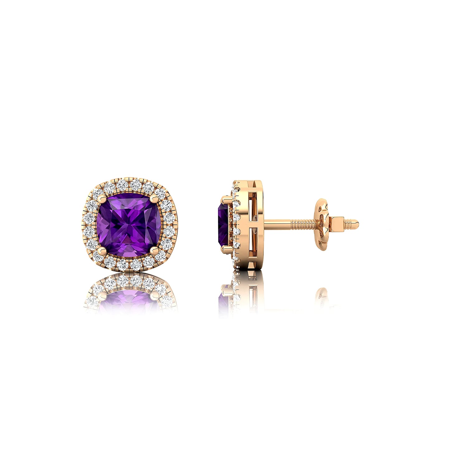 Natural February Birthstone Amethyst Gemstone & Real Diamonds Studded 18k Solid Gold Rhodium Earring Studs Women's Gift