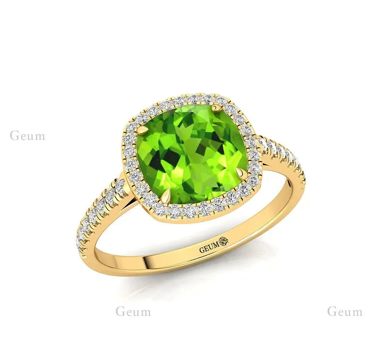 Genuine Peridot 18k Solid Gold August Birthstone Wedding Ring Anniversary Gift Natural Cut Diamond Engagement Ring for Party