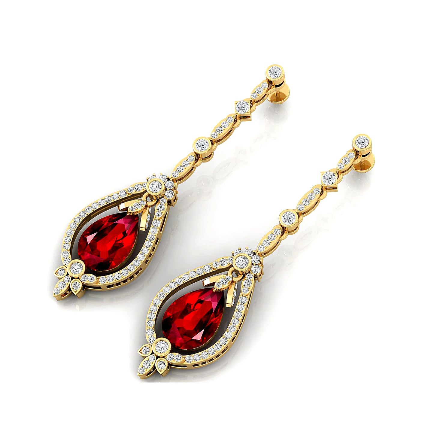 Flawless Design 18K Solid Gold Lab Ruby Gemstone Cute Engagement Wedding Party Gift Women Wear Diamond Dangle Drop Earrings Sets