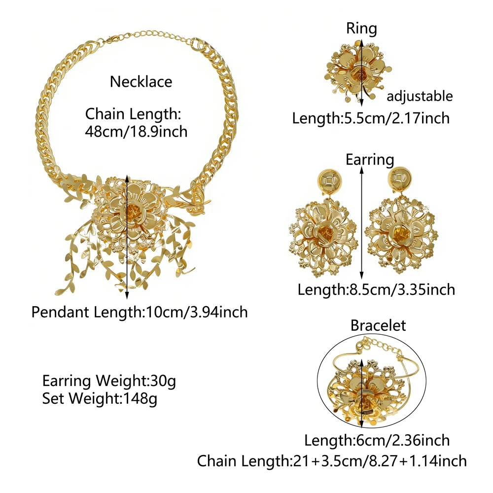 Zhuerrui Luxury 18K Gold Plated Hollow Floral Leaf 4PCS Jewelry Set Brazilian African Necklace Earrings Bracelet Ring HK049822