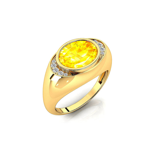 18kt Gold Oval Cut Lab Grown Yellow Sapphire Gemstone Ring Natural Side Diamonds With Bezel Set Center Stone Sapphire Ring