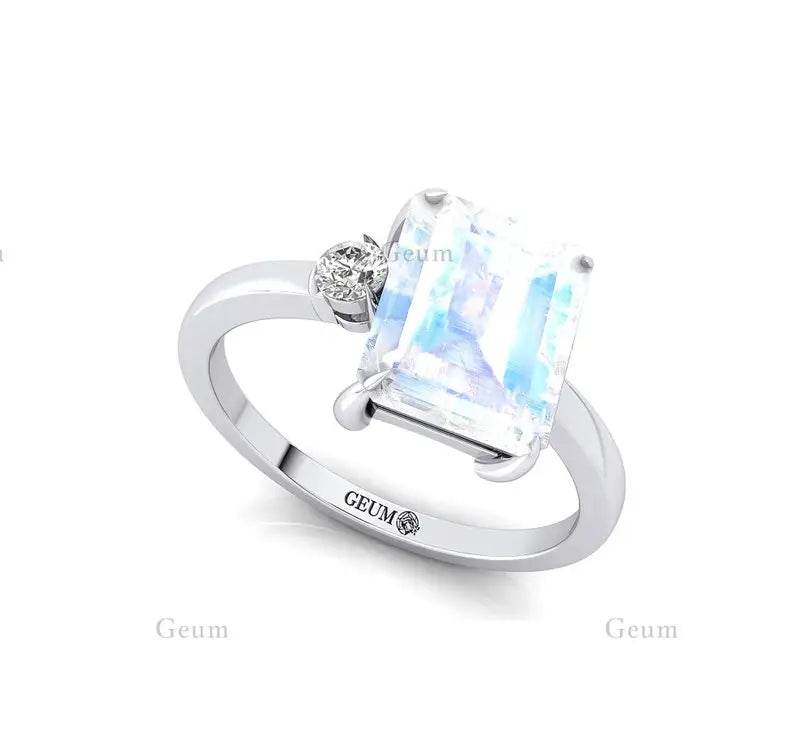 Classic Unisex Solid Gold Rainbow Moonstone & Diamond Pave Setting Certified Ring Engagement Wedding Party Gift Her OEM ODM