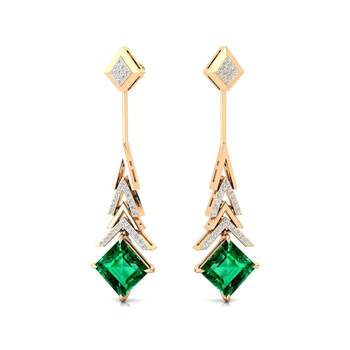 Quality Lab Grown Emerald Dangle Drop Earrings With Diamonds 18k Solid Yellow Gold Rhodium Plated Wedding Party May Birthstone