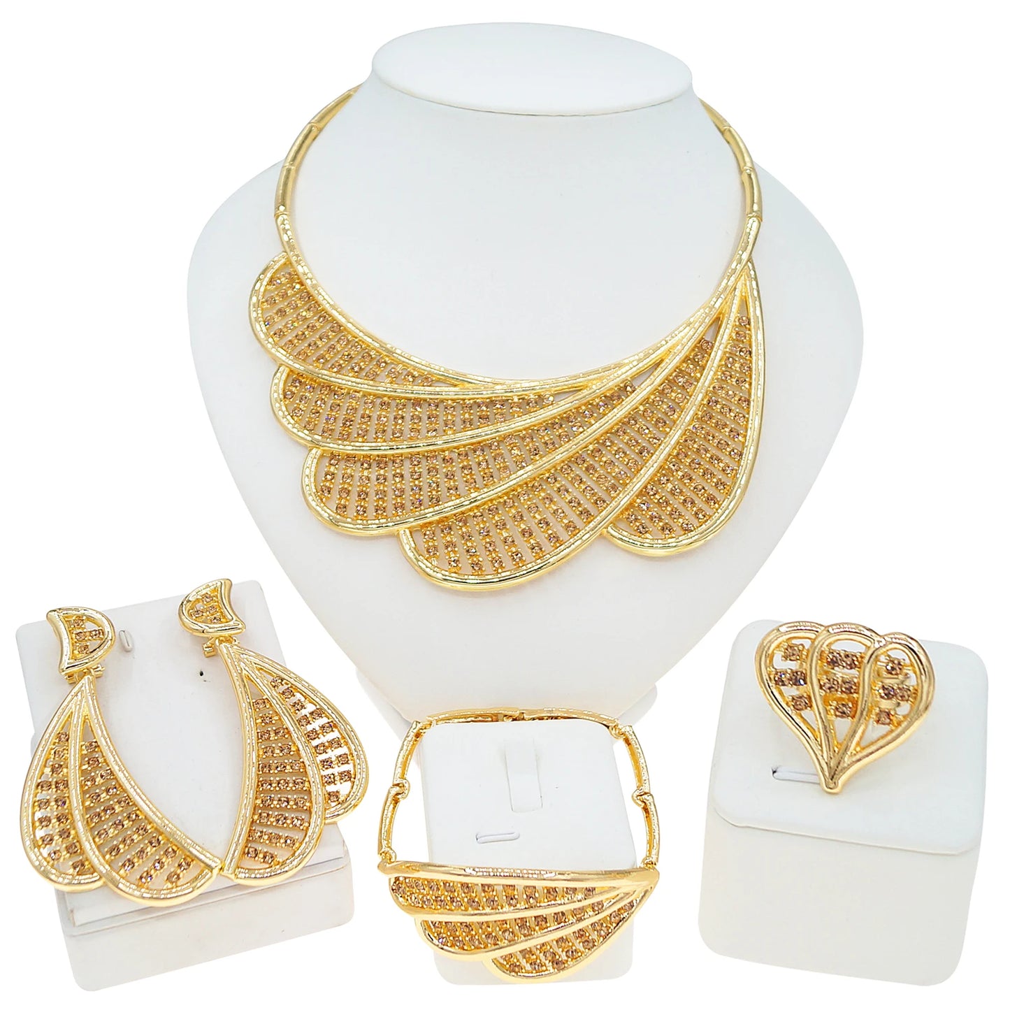 Zhuerrui Gold Plated Fan Shaped Necklace Earrings Bangle Ring Italian Jewelry Set for Women Party Wedding Accessory I006520