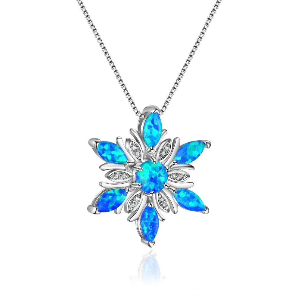 White Fire Opal Lab Created Marquise Stone Pendant Cute Snowflake Design Women's Trendy Silver Copper Box Chain Necklace Wedding