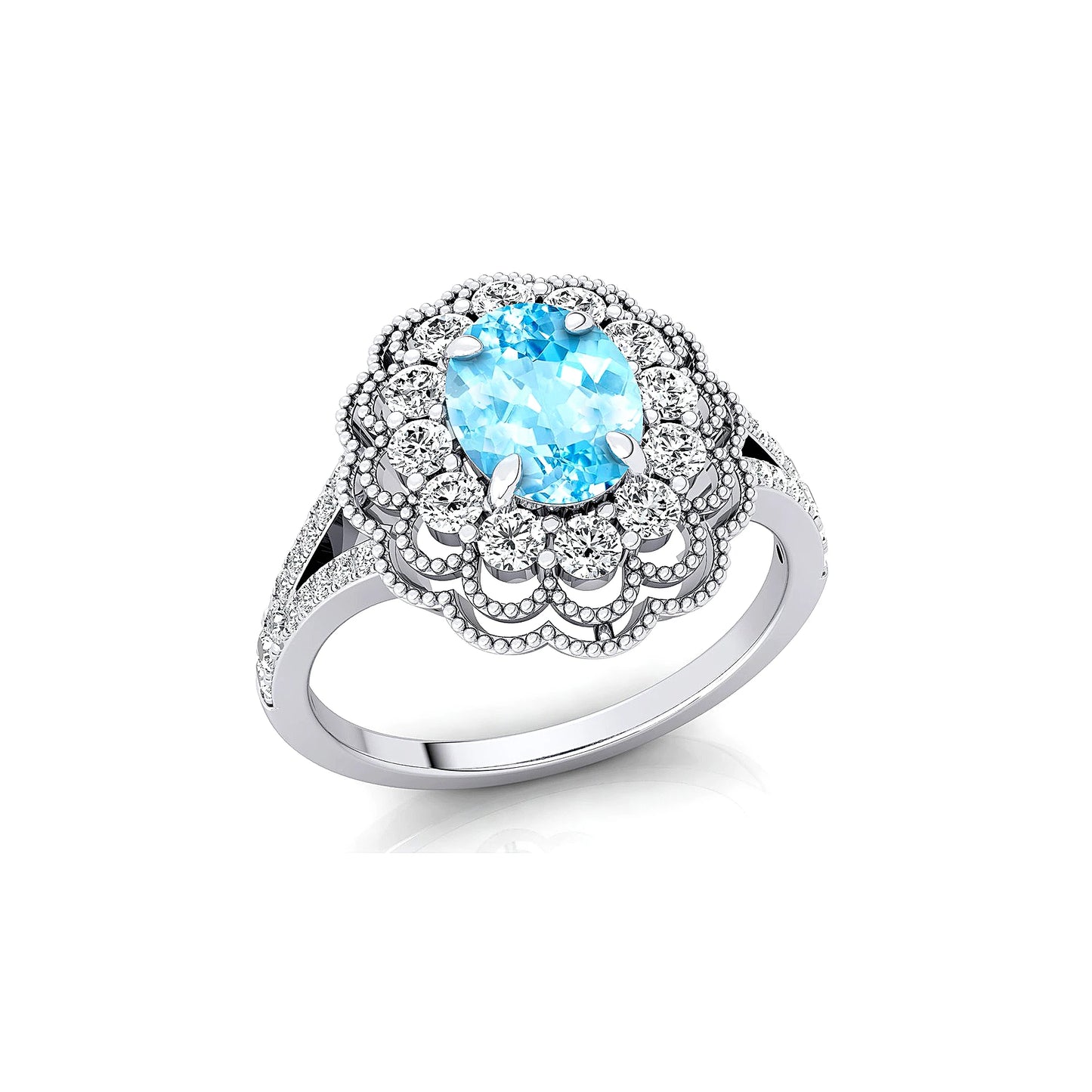 Flower Cluster Original Blue Aquamarine Oval Cut Diamond Promise Ring 14K Gold Rhodium Plated Wedding Engagement Party Gift
