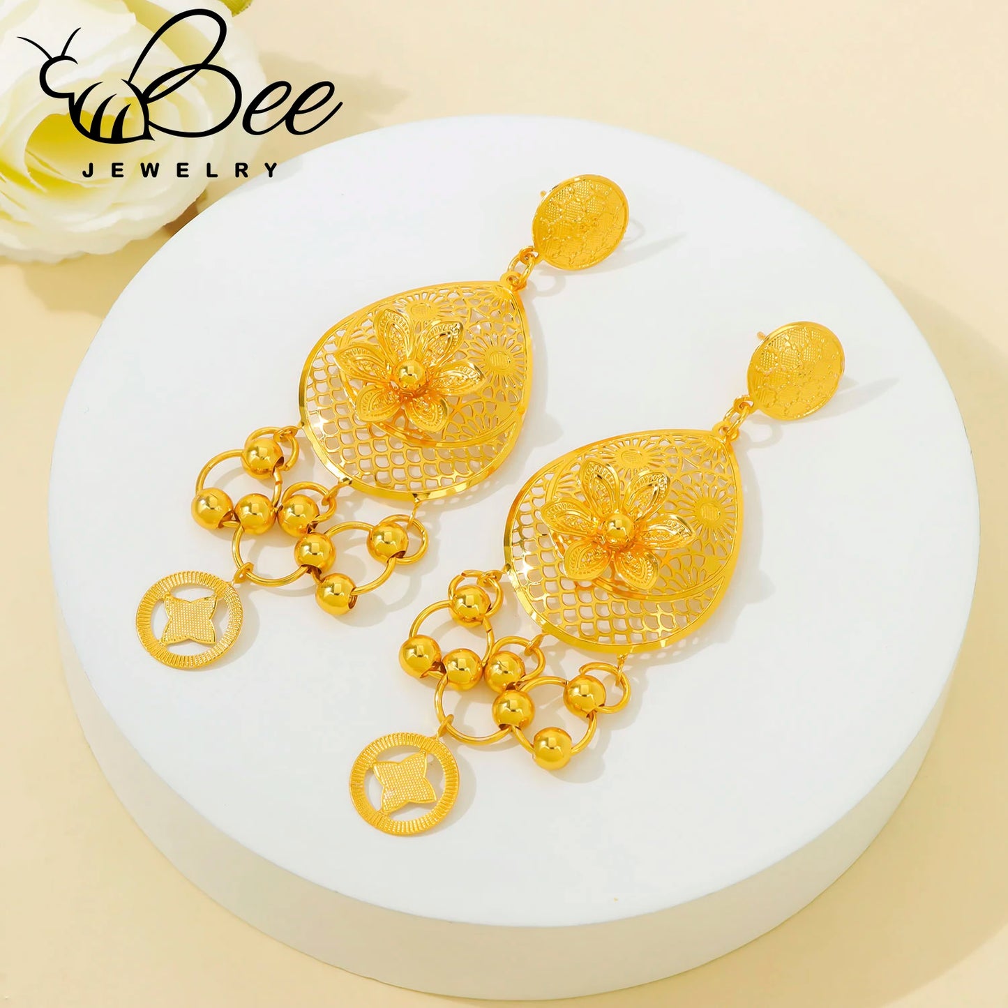 Luxury Gold Color Indian Bridal Jewelry Set Hollow Tassel Flower Long Bib Necklace Earrings Sets For Wedding