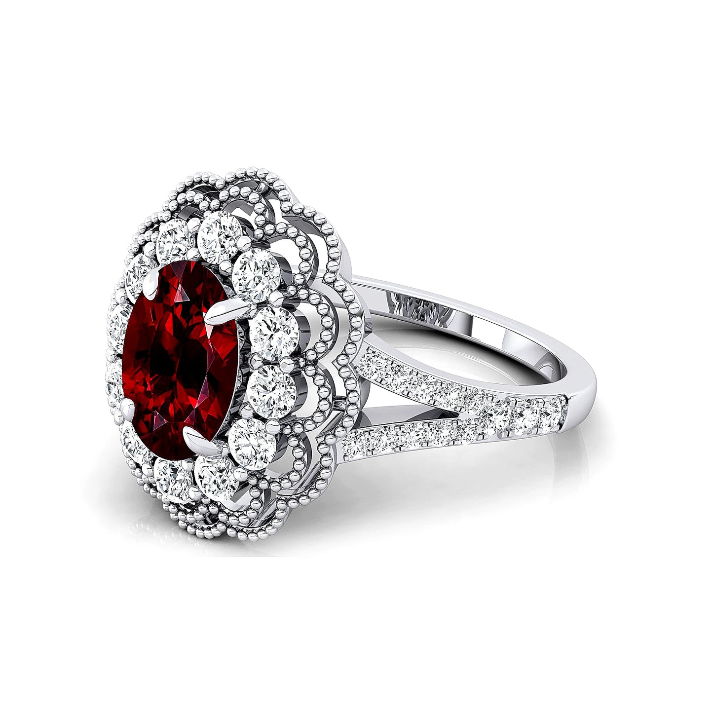14k Solid Gold Rings Natural Garnet Gemstone Fine Real Diamonds Rhodium Plated Classic Women's Oval Cut Birthstone Halo Ring