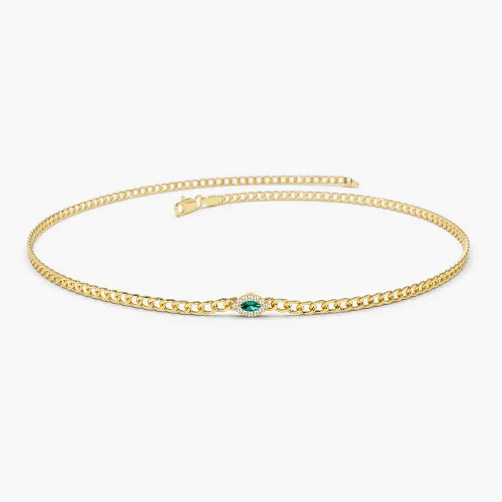 14k Gold Marquise Cut Green Emerald Gemstone With Diamonds Bracelet Luxury Fine Jewelry 2MM Curb Link Chain Emerald Bracelet