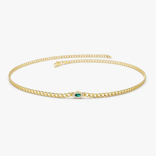 14k Gold Marquise Cut Green Emerald Gemstone With Diamonds Bracelet Luxury Fine Jewelry 2MM Curb Link Chain Emerald Bracelet