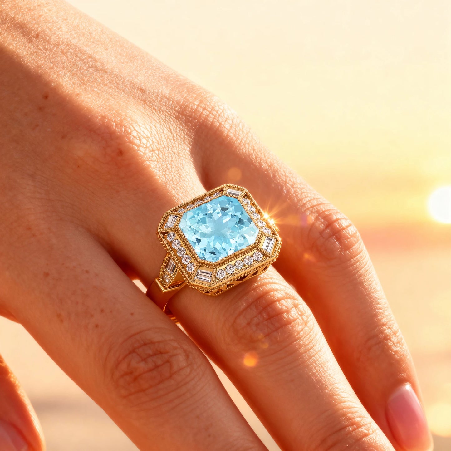 18k Solid Gold Engagement Rings Aquamarine Gemstone Real Diamonds Rhodium Plated Classic Wedding Valentine's Day Gifts for Women