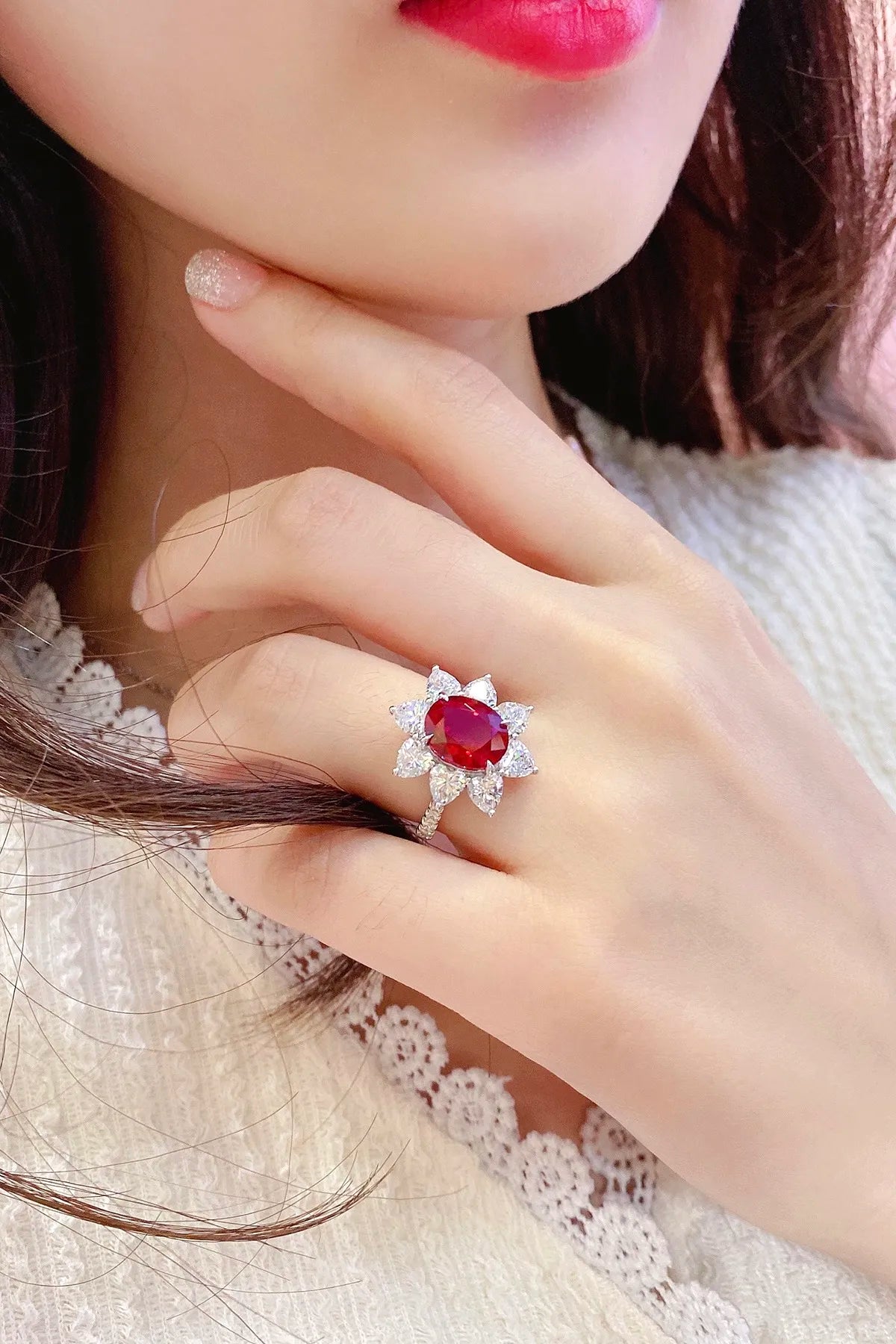 Gemfiori Oval Cut Anster Lab Made Diamonds and Ring S925 Sterling Silver Lab Created Ruby Women Ring