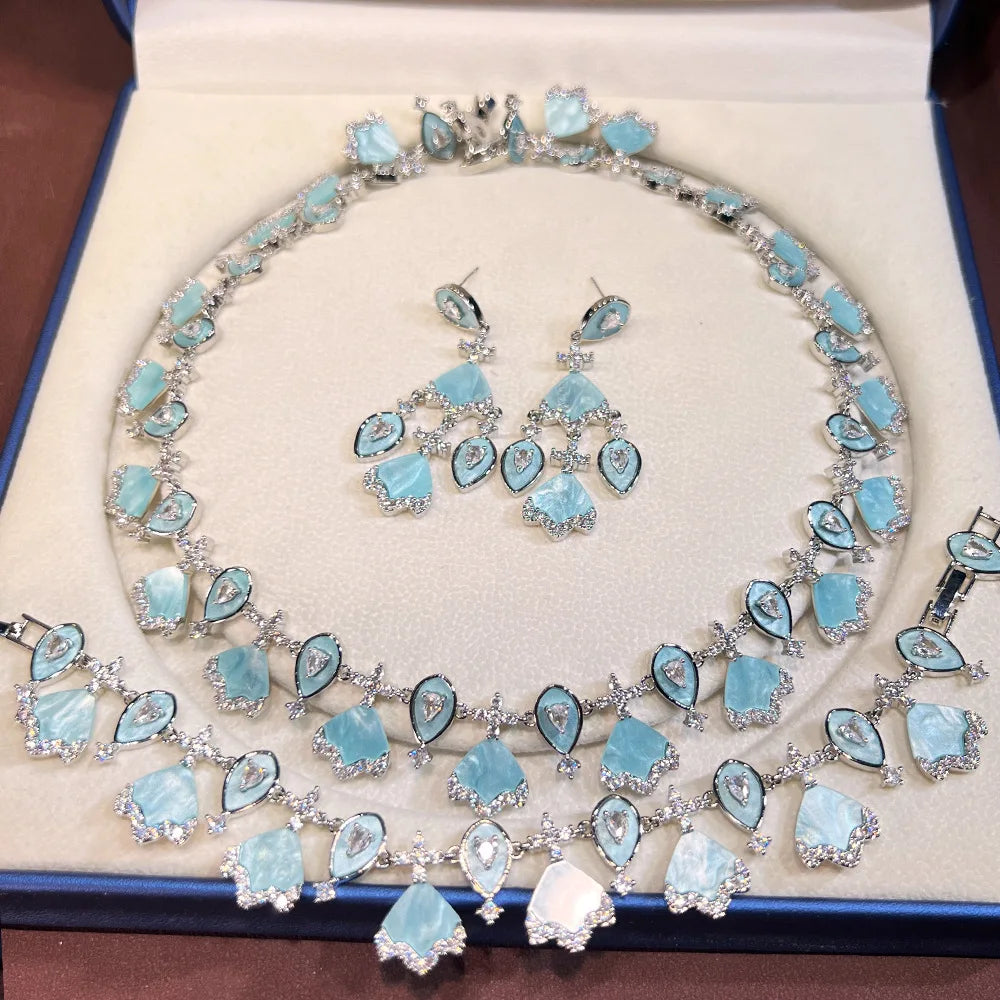 Luxury Brand Design Wedding Jewelry Set White Blue Pink Zirconia Full Paved Necklace Earring Bracelet Sets