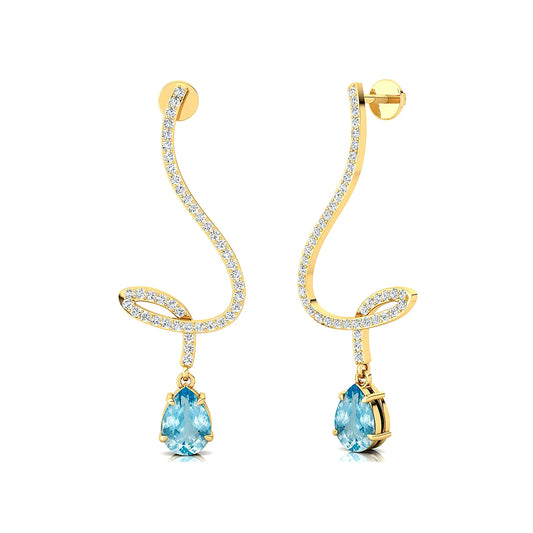 18k Solid Gold Trendy Long Dangling Drop Earrings Natural Aquamarine Gemstone & Real IGI Certified Diamonds Earrings For Her