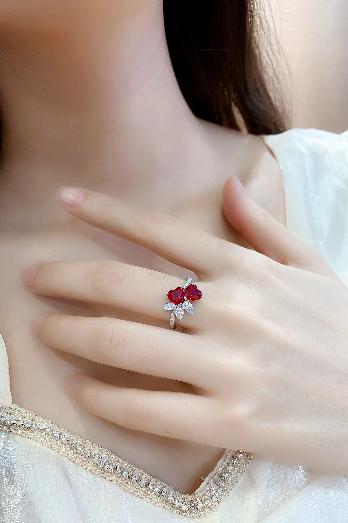 Gemfiori Anster Lab Created Ruby Women Ring Lab Made Diamonds and Ring S925 Sterling Silver