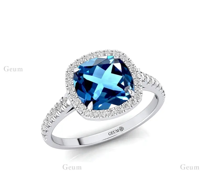 Natural London Blue Topaz December Birthstone Classic 14k Real Gold Cushion Shape Prong Set Custom Size High Quality Jewelry