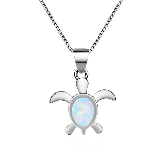 Vintage Platinum Plated Silver Color Box Necklace Cute Water Drop Small Sea Turtle Pendant White Blue Opal Stone Trendy Women's