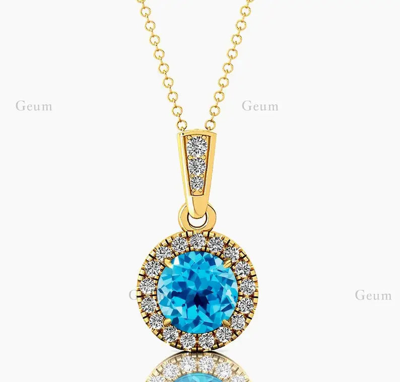 18Kt Solid Gold Cute Rhodium Plated Natural for Blue Topaz Pendant Necklace Real Diamond Women's All Occasion Gift OEM ODM