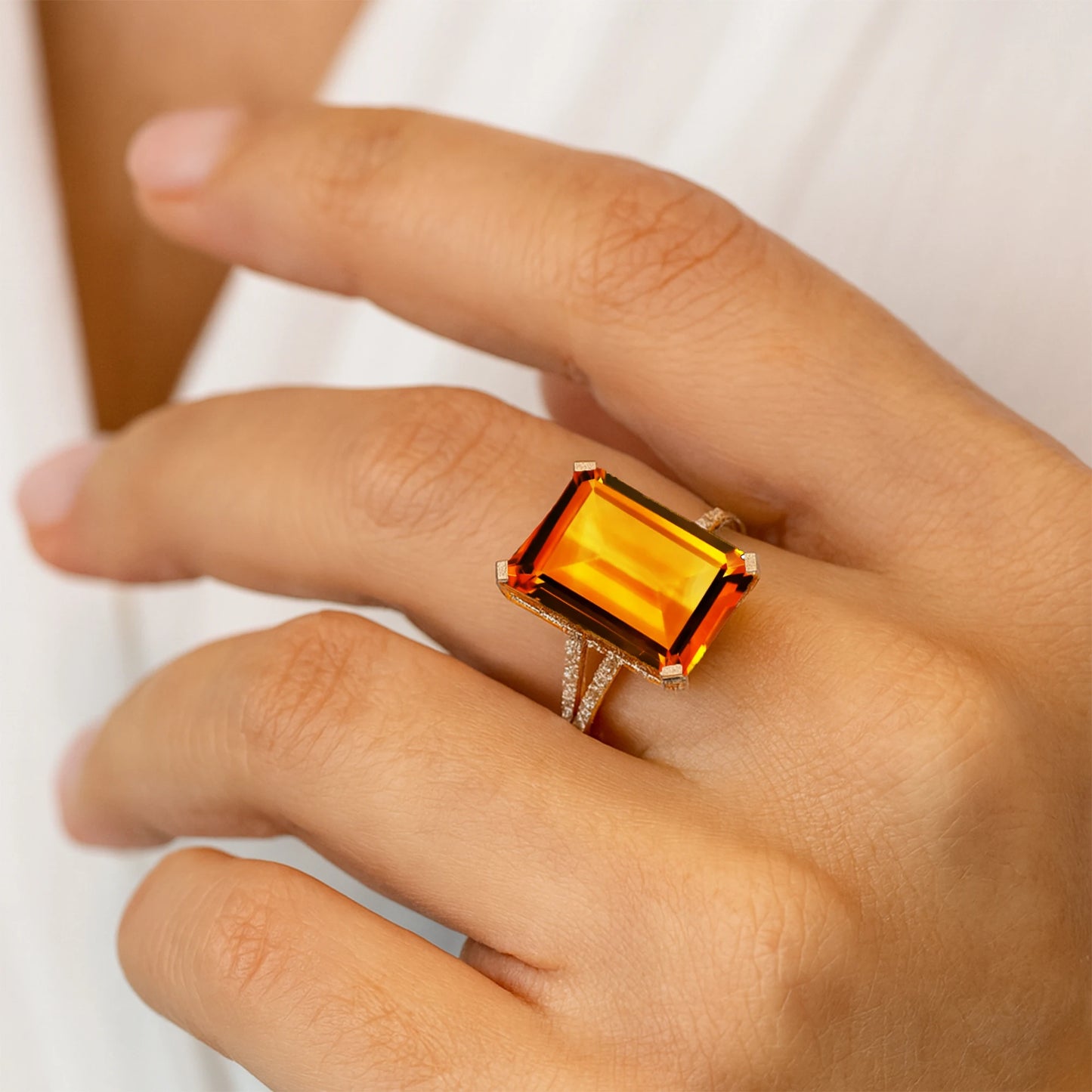 Emerald Cut 100% Natural Citrine Gemstone Cluster Rings 18K Gold IGI Certified 0.54 Carat Real Diamonds Rhodium Plated Prong