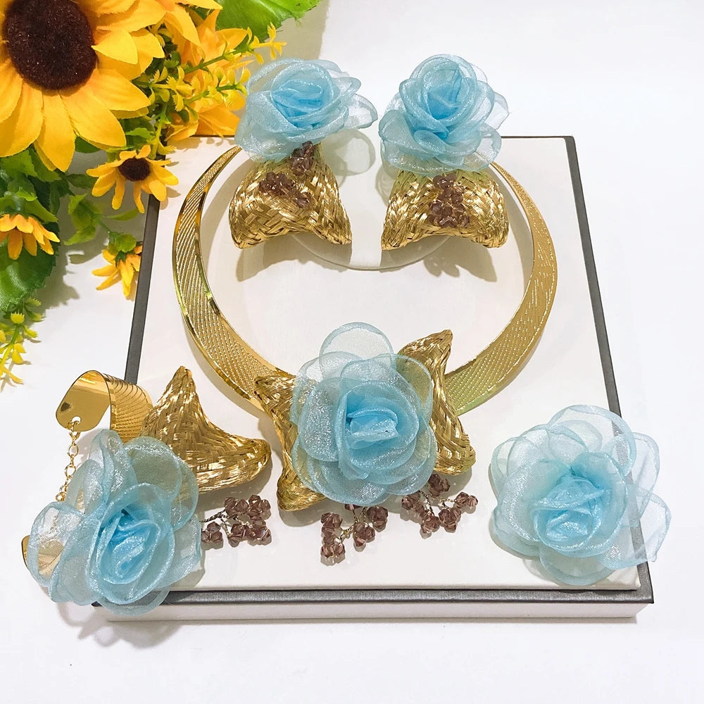 Zhuerrui Gold Plated Blue Grey Fabric Rose Flower Jewelry Set for Women African Dubai Wedding Bridal Choker 4Pcs Jewelry MY156