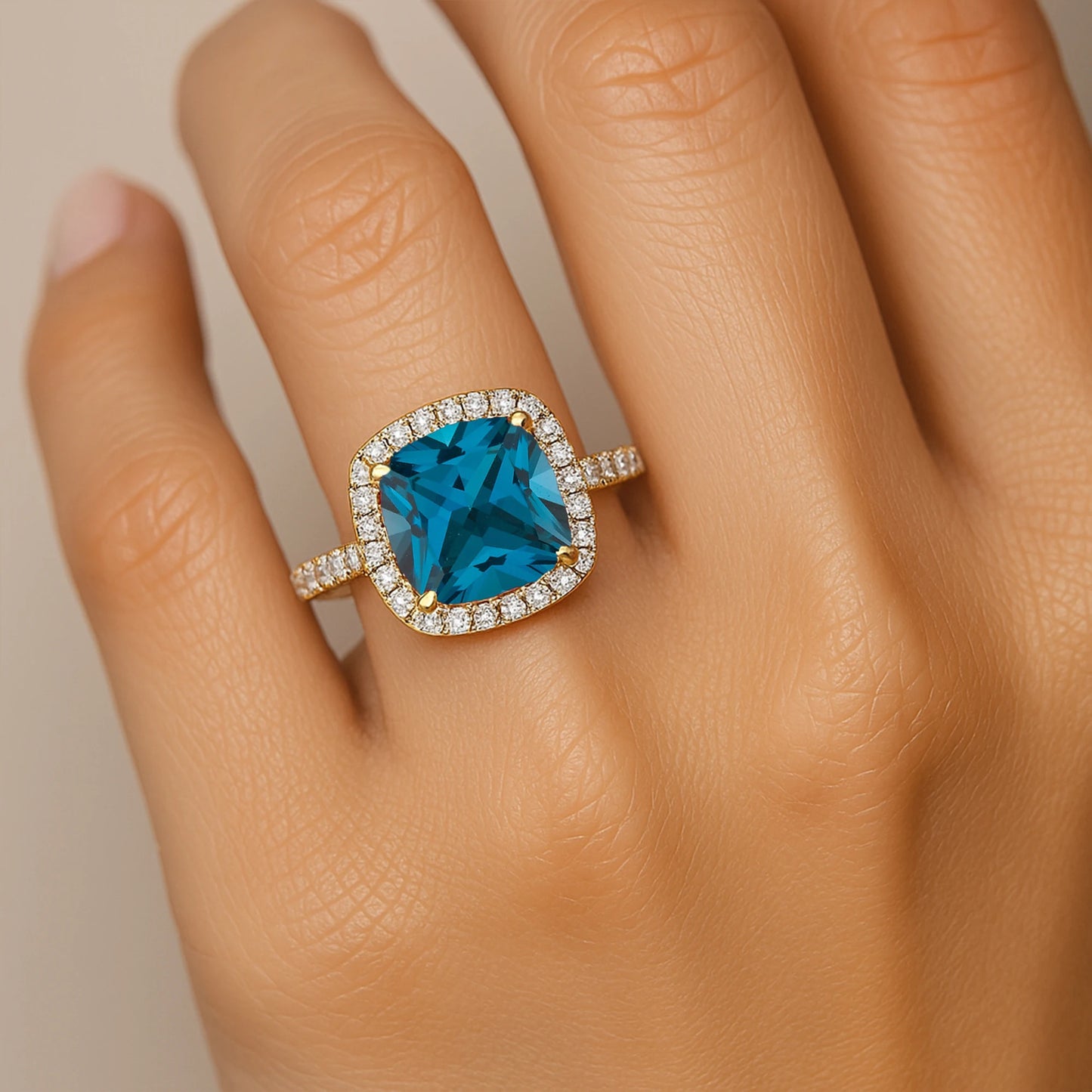 Natural London Blue Topaz December Birthstone Classic 14k Real Gold Cushion Shape Prong Set Custom Size High Quality Jewelry