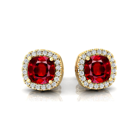 14k Solid Gold Halo Solitaire Studs Earrings Lab Ruby Gemstone Real White Diamonds Rhodium Plated Cute Wholesale OEM Birthstone
