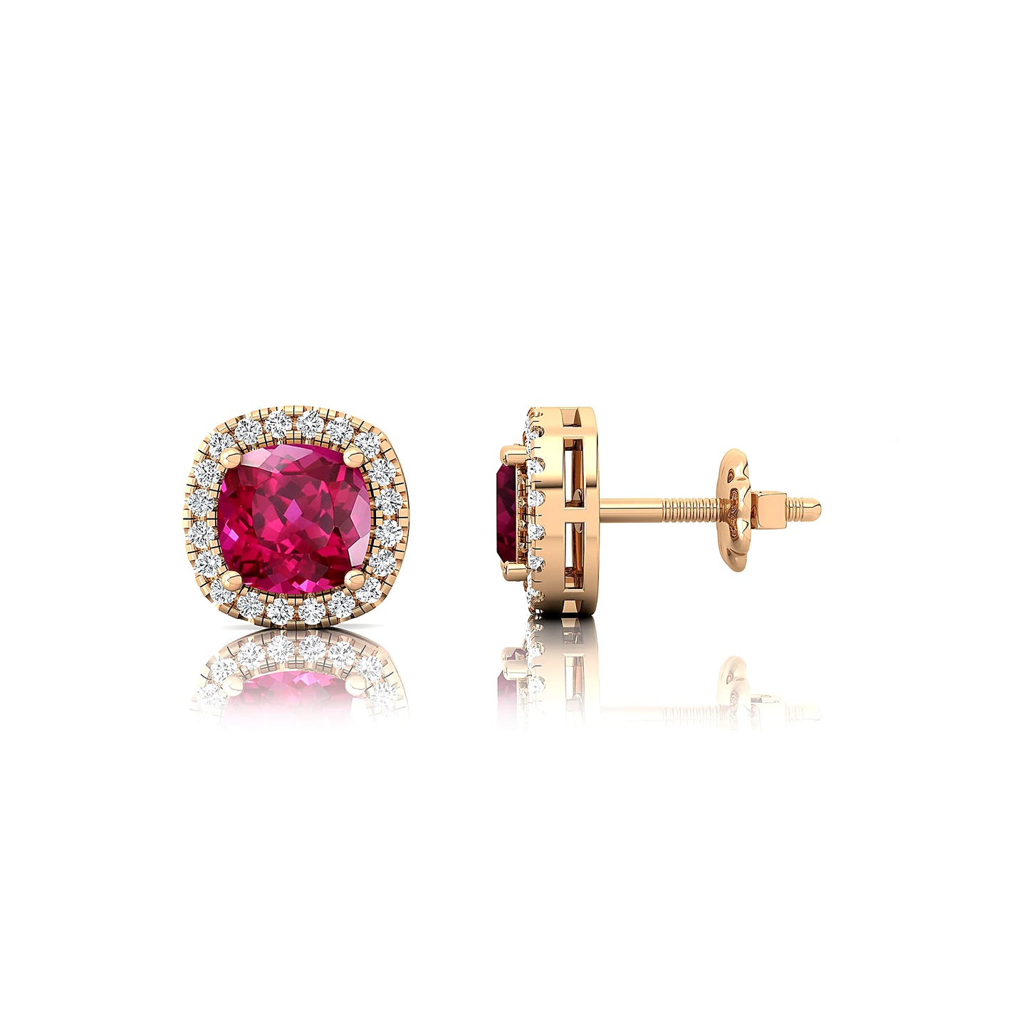 Trendy Lab Grown Pink Sapphire Gemstone & Diamond Halo Stud Earrings 18k Solid Gold Cushion Cut Halo Earrings Handmade Jewelry