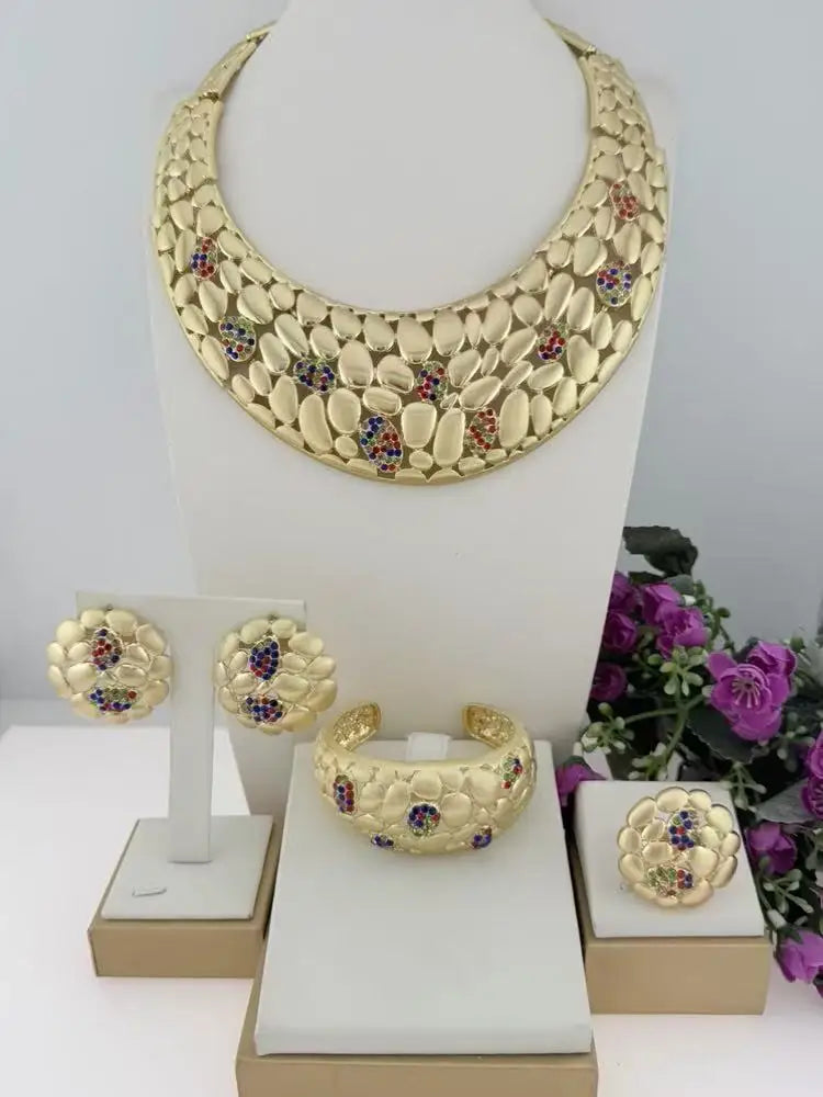 Zhuerrui Luxury Gold Plated 4PCS Jewelry Set for Women African Dubai Bridal Wedding Bib Necklace Classic Jewel Gift I0173