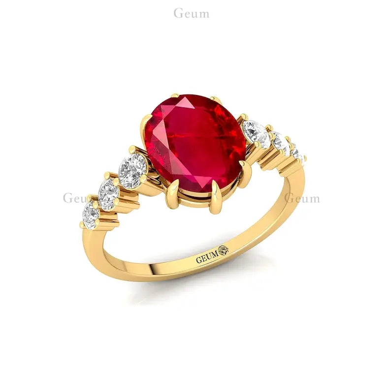 14K Gold Oval Cut Lab Grown Ruby & Side Diamond Solitaire Ring Classic Luxury Design Lab Made Ruby & Real Diamonds Wedding Ring