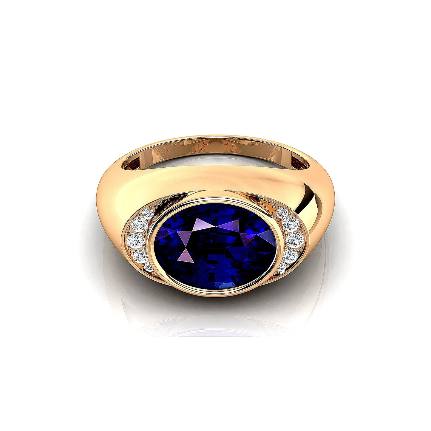 Oval Cut Lab Grown Blue Sapphire Gemstone Solid Gold Rhodium Plated Bezel Setting Ring With Real Diamonds Luxurious Ring Gift
