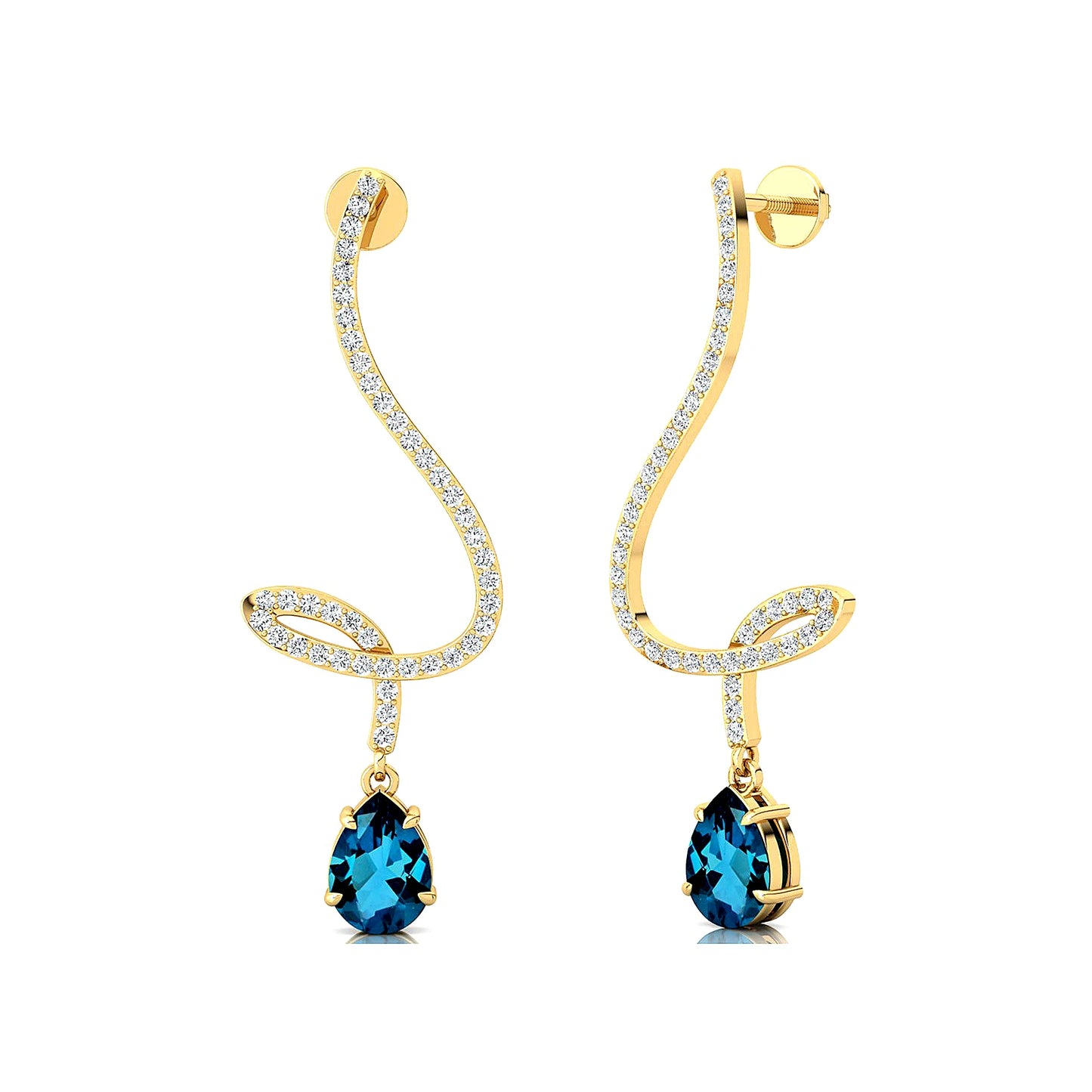 Pear Cut Natural London Blue Topaz Gemstone & Real Diamonds Dangling Drop Earrings 18k Solid Gold Rhodium Wedding Gift For Her