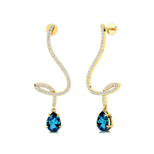 Pear Cut Natural London Blue Topaz Gemstone & Real Diamonds Dangling Drop Earrings 18k Solid Gold Rhodium Wedding Gift For Her