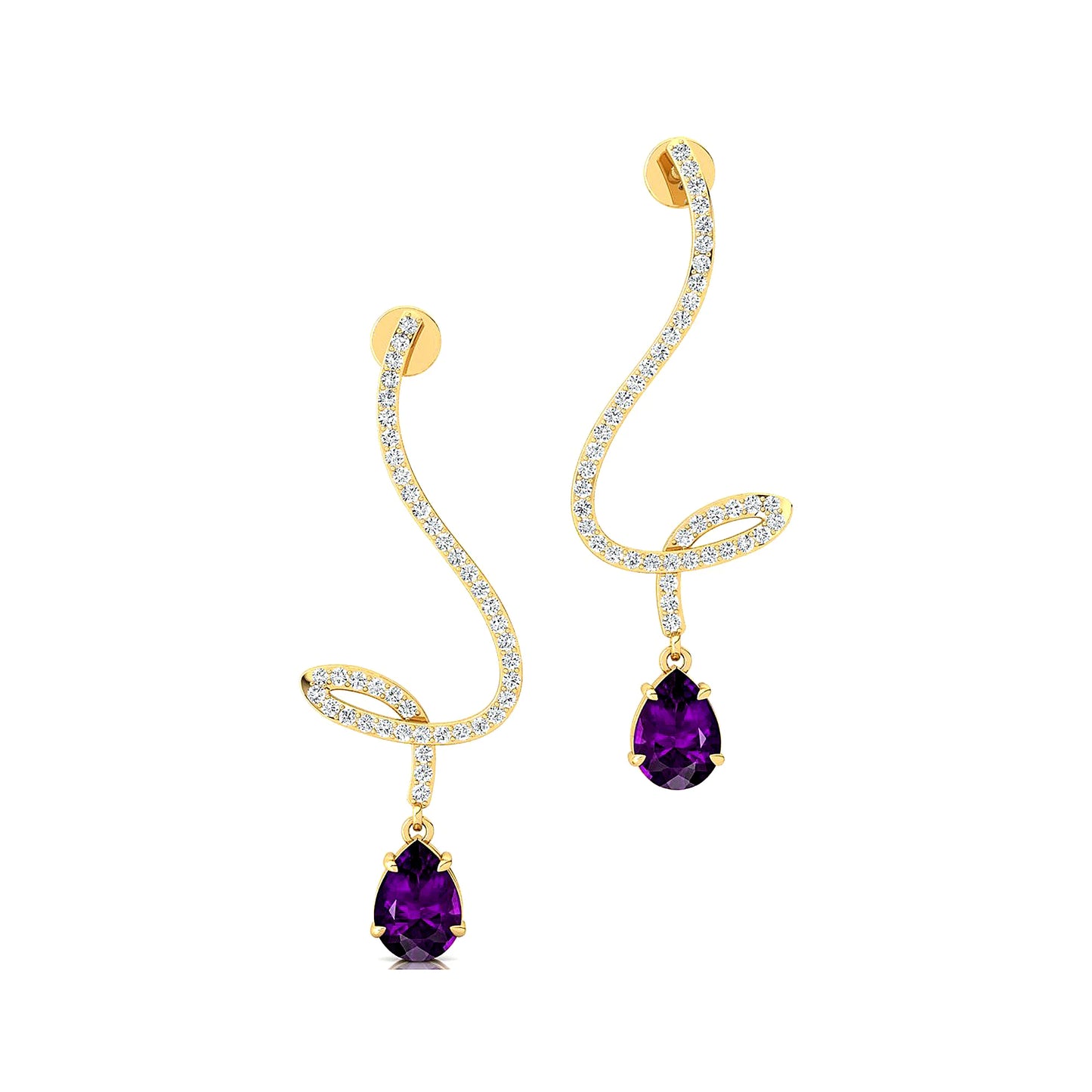 18k Solid Gold Natural Amethyst Gemstone Dangle Drop Earrings with Real White Natural Diamonds Fine Birthstone Wedding Gift