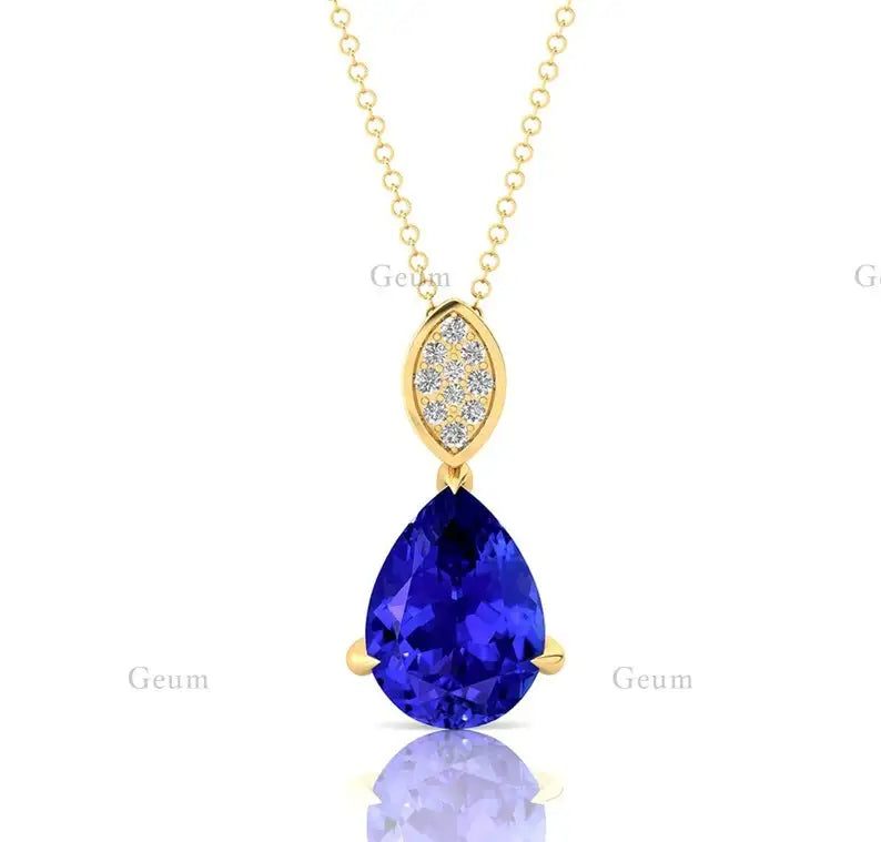 Luxurious Solid 14K Rose/Yellow/White Gold Cute Teardrop Charms Pendant Necklace Natural Tanzanite Stone Real Diamonds Pendant