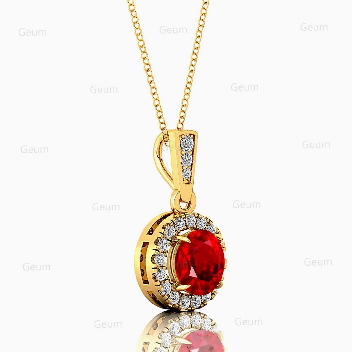 14k Solid Gold Lab Grown Ruby Gemstone Halo Pendant Diamond Necklace Round Shape Fine Jewelry Lab Ruby Gemstone Pendant Jewelry