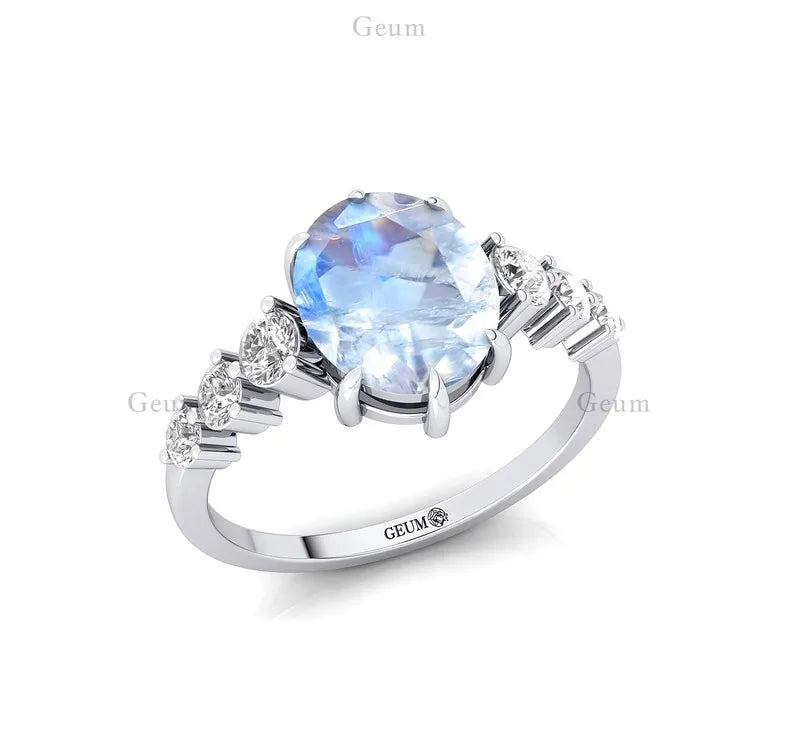 Exquisite Oval Cut Natural Rainbow Moonstone Gemstone Bridal Wedding Party Cluster Rings 14k Solid Gold Genuine Diamond Classic