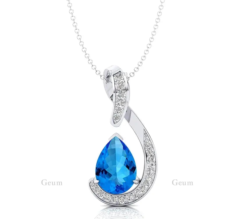 14k Solid Gold Pendant Natural Swiss Blue Topaz Stone & Diamonds Pendant Necklace For Women Wedding Pendant Gift For Wife