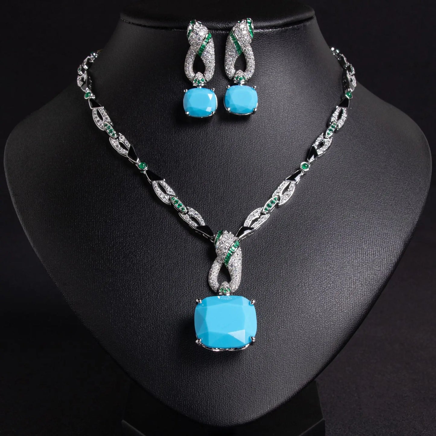 African-Inspired Cubic Zirconia Pendant Necklace & Earrings Set — Green, White, Blue, Red & Turquoise