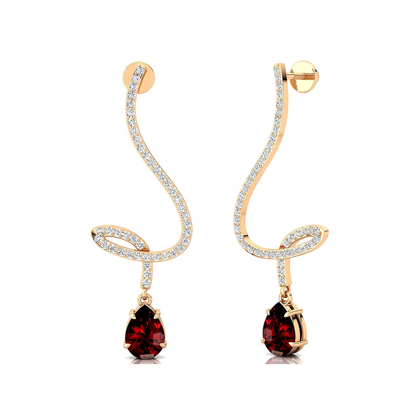 Natural Garnet Gemstone Real Spiral Diamonds Long Dangling Drop Earrings 18K Solid Gold Rhodium Plated Wedding Gift For Her