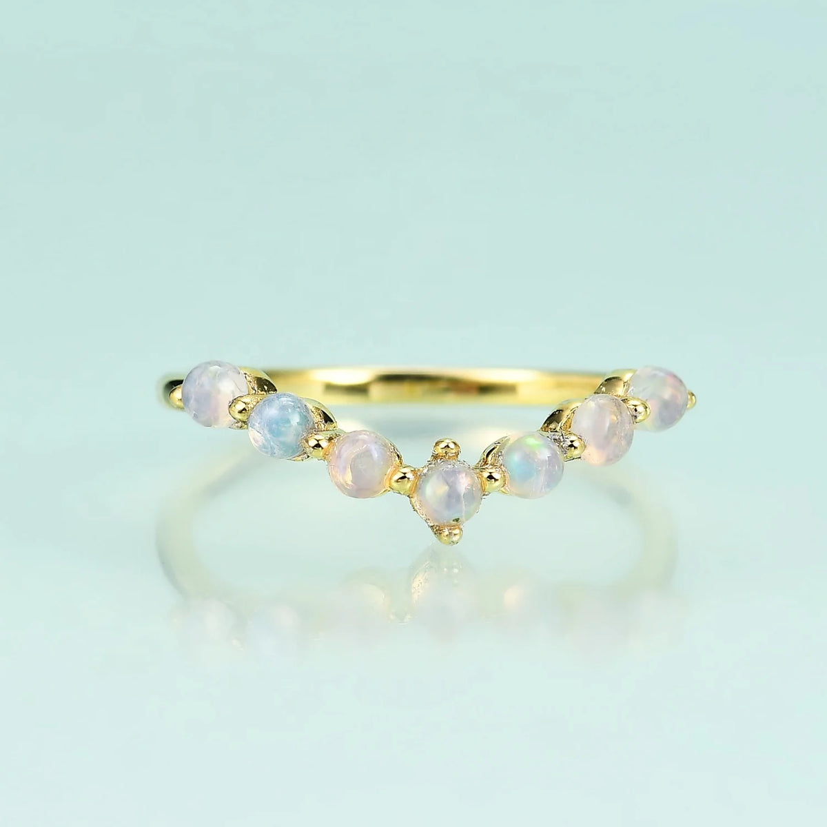 Gemfiori V Shape Seven Stone Minimalistic Simple Stackable 925 Sterling Silver CZ Opal Multi Gemstone Ring Bands