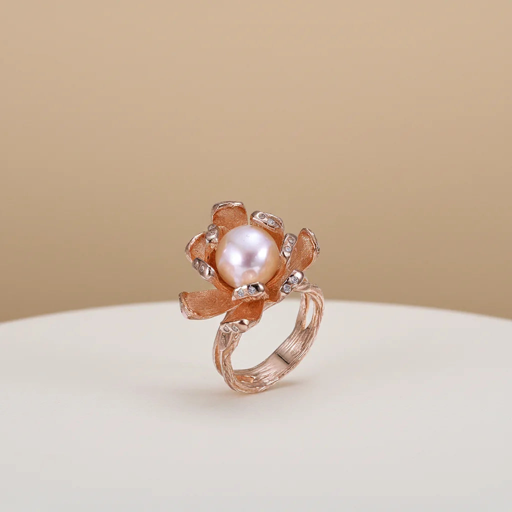 Flower Design Freshwater Button Pearl 925 Sterling Silver Ring with Rose Gold Plated