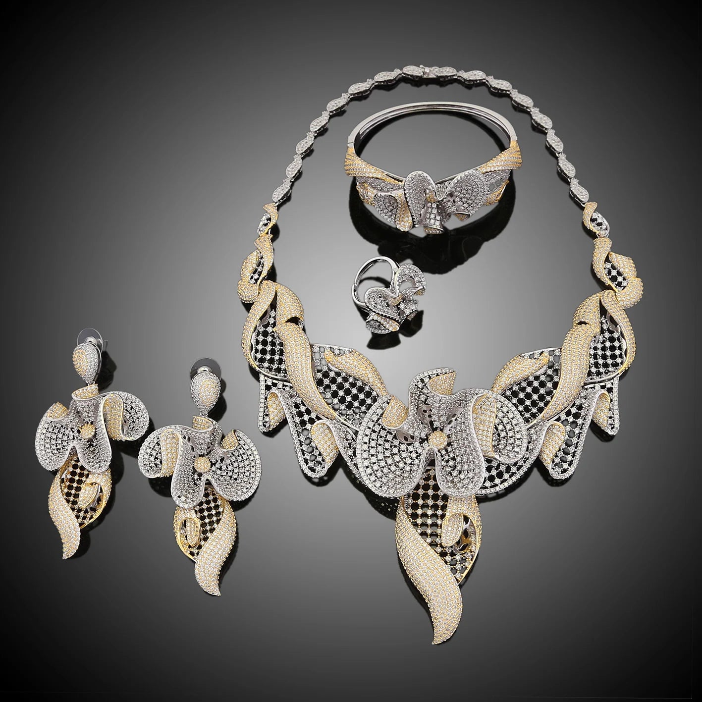 Zhuerrui 18K Gold Plated American Diamond Bridal Jewellery Sets Geometric Flower Statement Necklace Drop Earrings HZ18080401