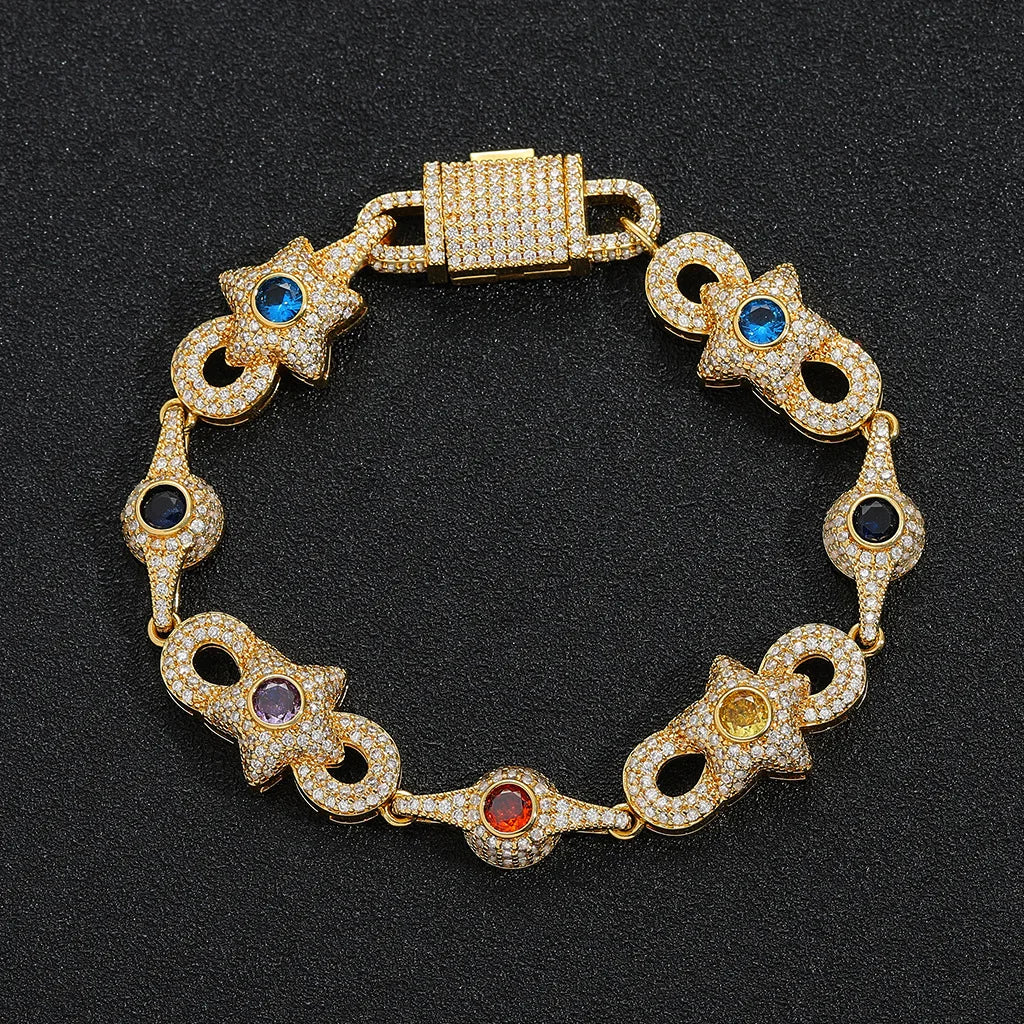Iced Star Bracelet with Multicolor CZ Stones Brass Base Colorful Gemstone for Mens Rapper Style Jewelry Wholesale Factory Supply