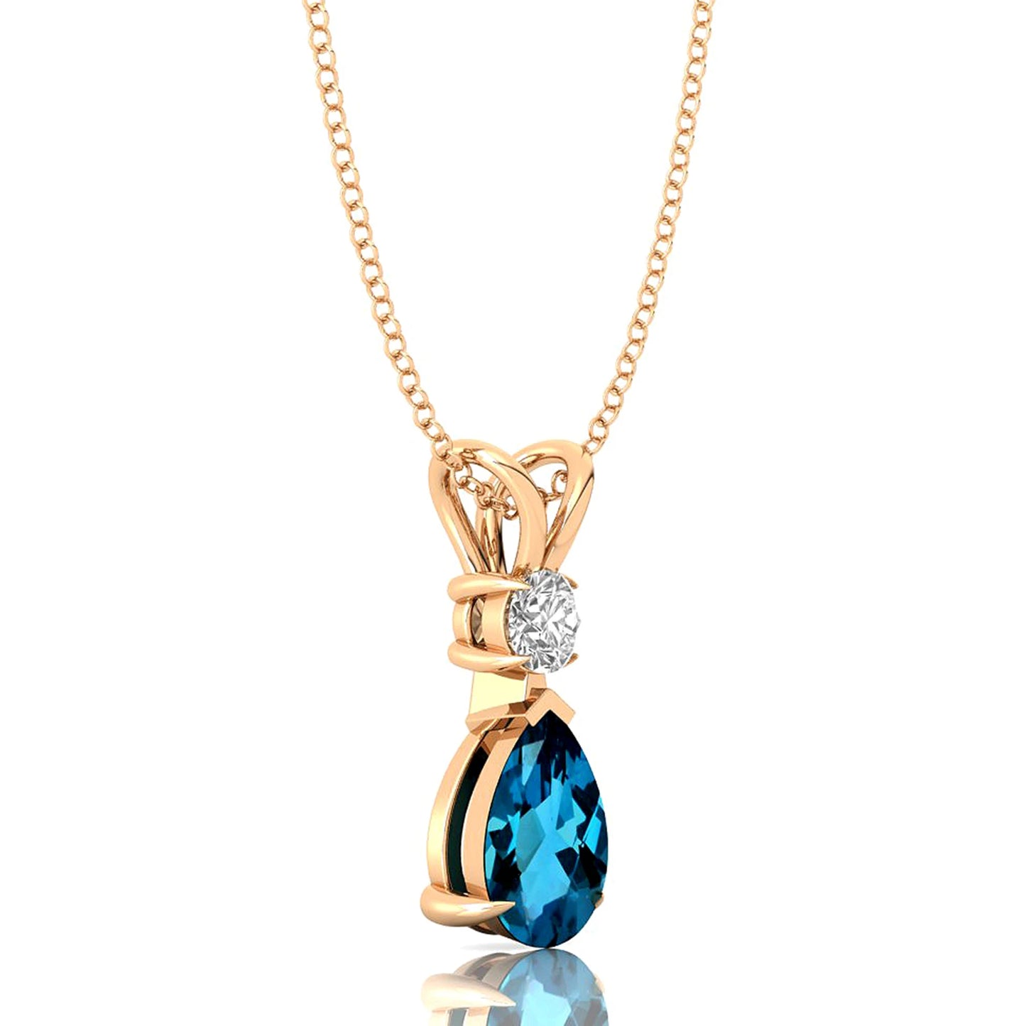 Pear Shape London Blue Topaz 14K Solid Gold Rhodium Plated Pendant Natural Diamond Tear Drop Necklace Anniversary Gift For Wife