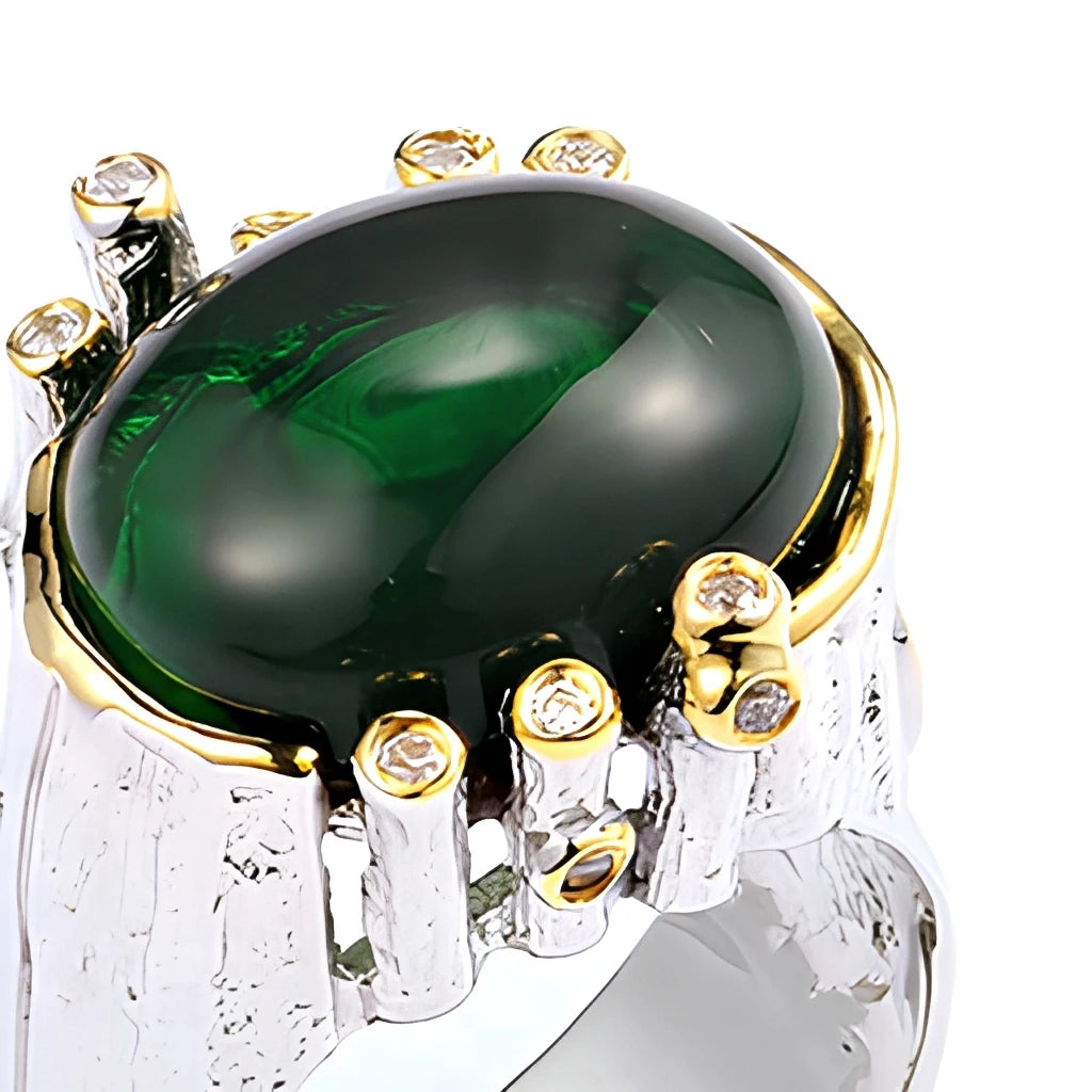 Handmade Retro Design 925 Sterling Silver Big Green Glass Ring