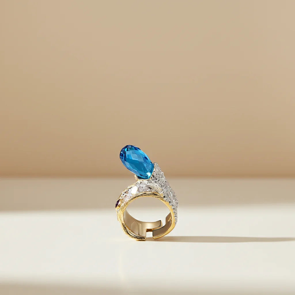 Arabic Blue Glass 18k Gold Plated 925 Sterling Silver Store Ring