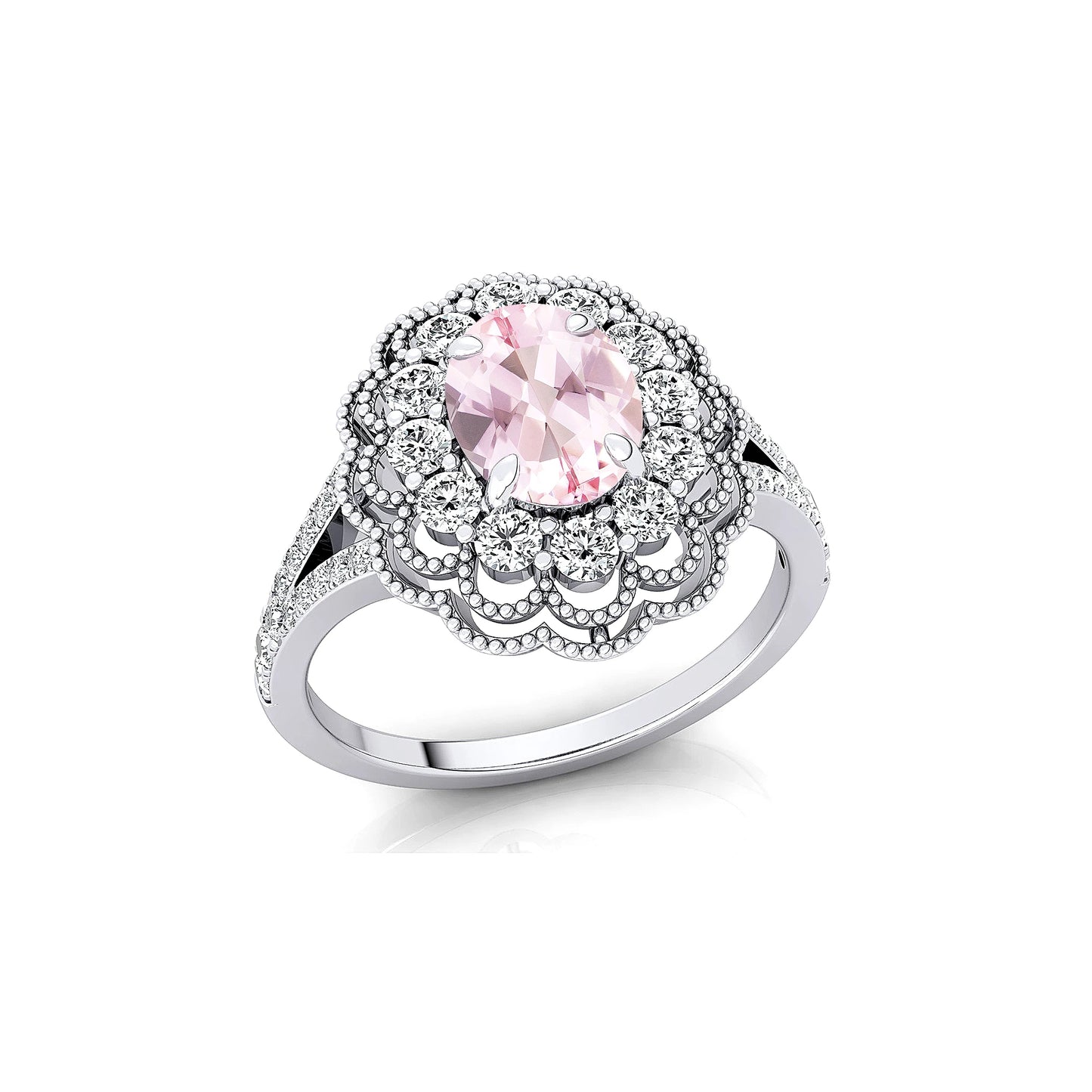 Oval Cut Natural Morganite Real Diamond Cluster Ring 18k Solid Gold Rhodium Plated Classic Fine Bridal Halo Solitaire Ring